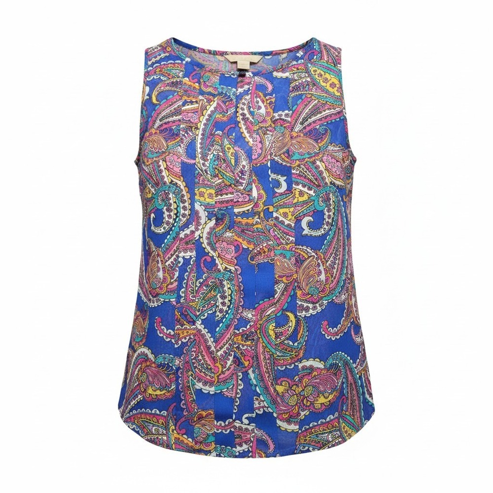 Banana Republic Blouse Womens XS Blue Pink Paisley Pleated Sleeveless Excellent